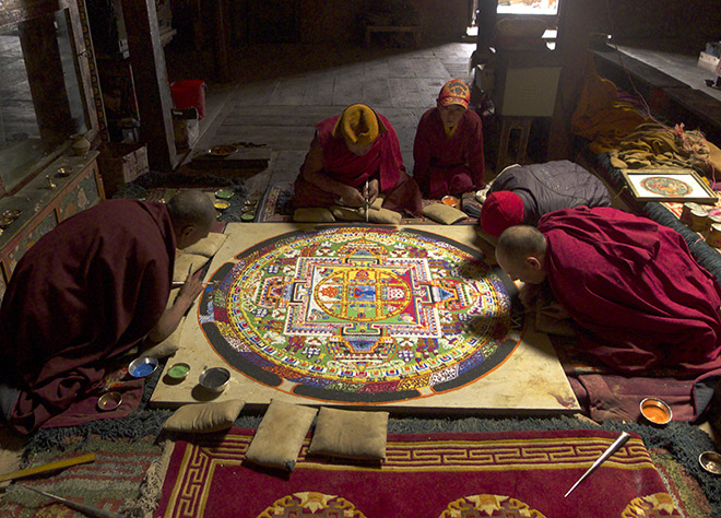 unfinished mandala in a prayer hall
