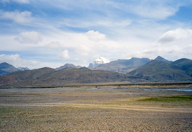 view of Mt. Kailas and Darchen from access road